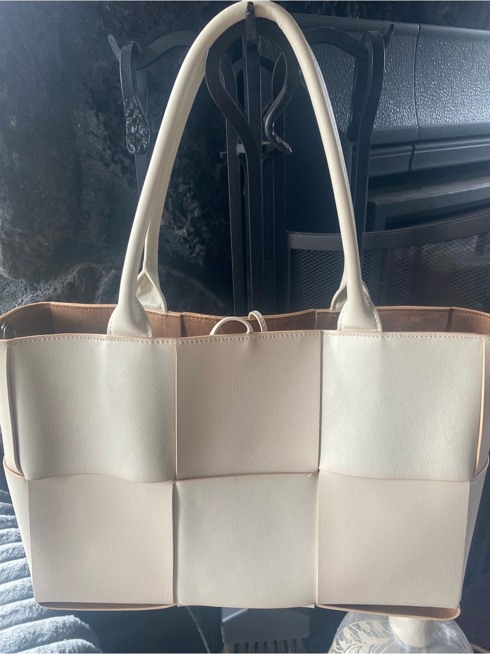Cream White Large Woven Interwoven Basket Shoulder Tote Bag with Removable Pouch